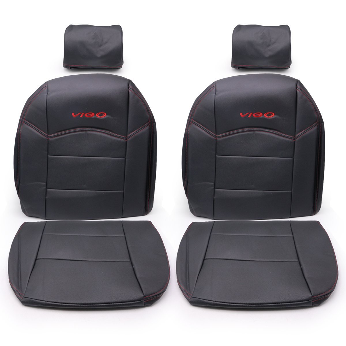 ชุดหุ้มเบาะ หนัง PVC สีดำ ด้ายแดง เบาะคู่หน้า ซ้าย+ขวา โลโก้ Vigo แดง Toyota ปี 2005 - 2014 มีเก็บเงินปลายทาง PVC Leather Front Seat Cover