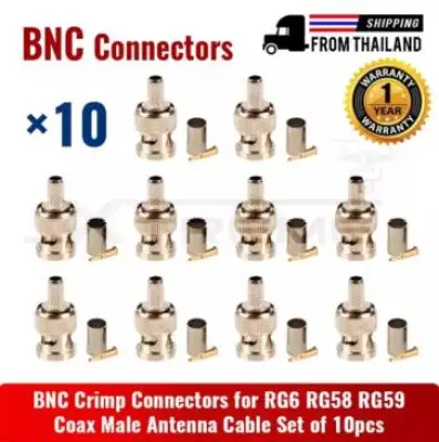 BNC Crimp Connectors for RG6 RG58 RG59 Coax Male Antenna Cable Set of 10ชิ้น