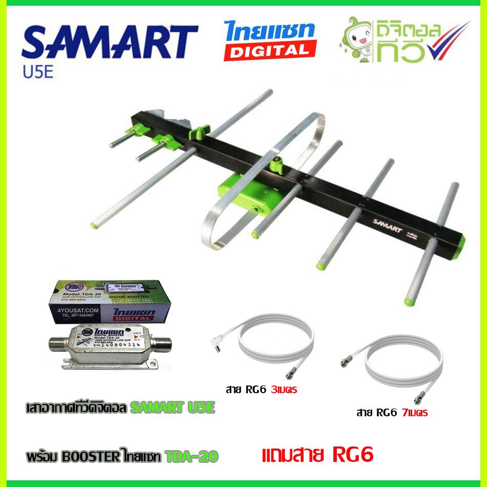 เสาอากาศทีวีดิจิตอล SAMART U5E + BOOSTER ไทยแซท TDA-20 พร้อมสาย rg6
(3m.f-tv)+(7m.f-f)