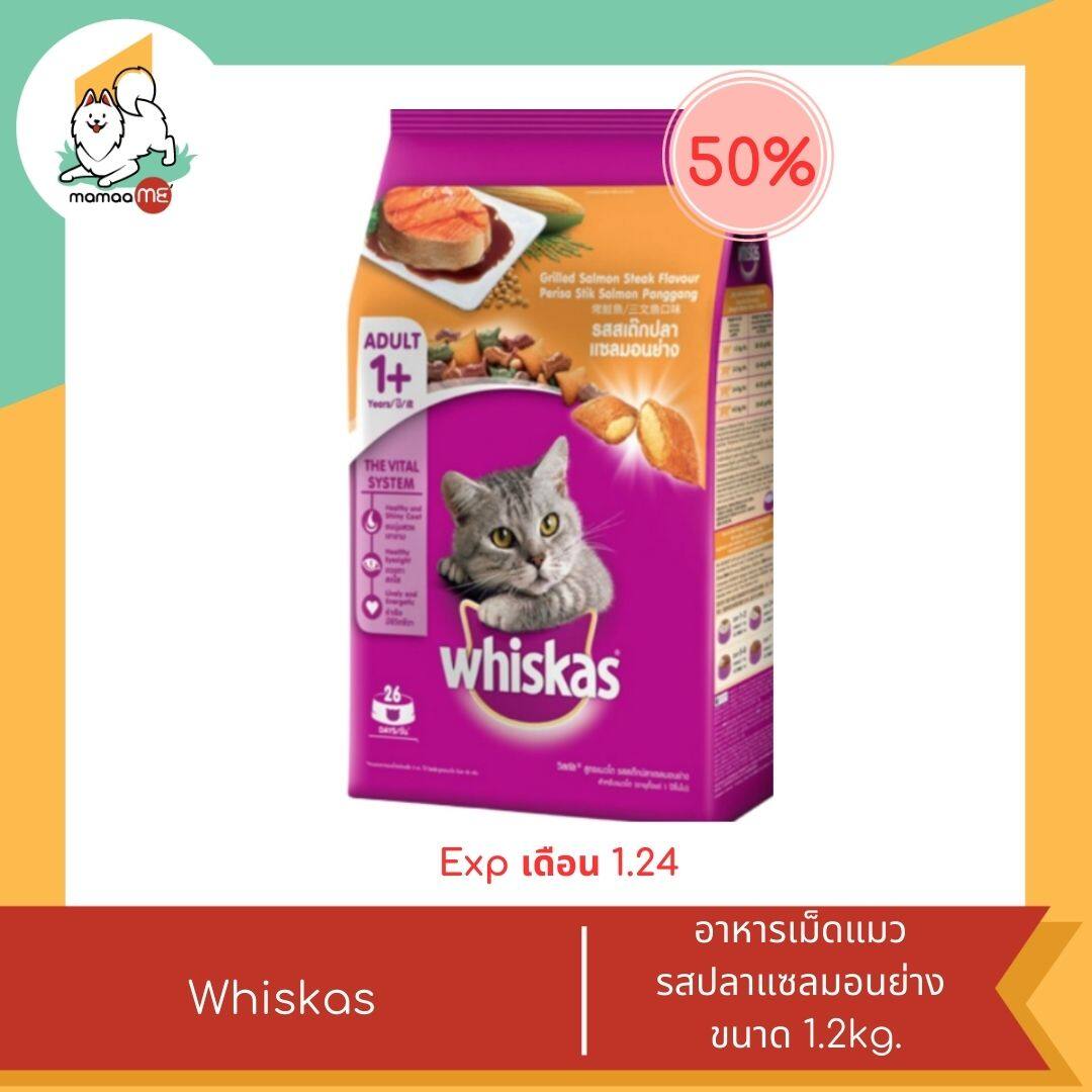 อาหารและขนมแมว ลดพิเศษหมดอายุเดือน 1- 5 ปี 24 Whiskas วิสกัส อาหารเม็ดแมว ขนาด1kg.- 3kg.  รสสำหรับสัตว์เลี้ยง แซลมอนย่าง1.2kg.
