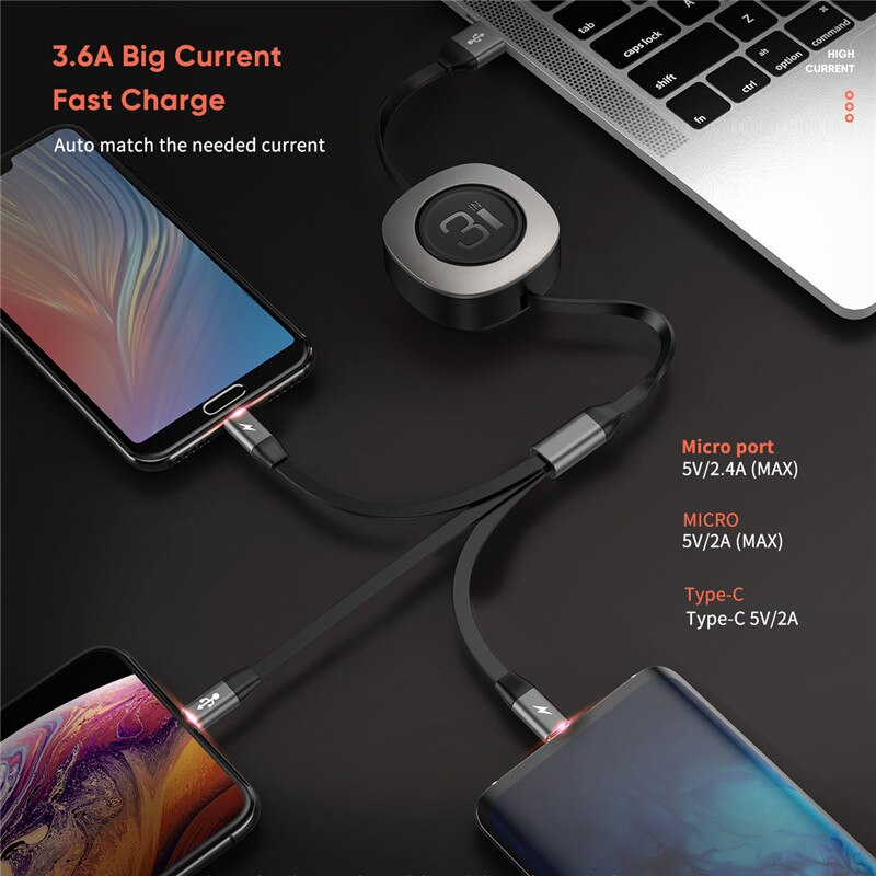 ROCK G3 Retractable 3 in 1 Charge & Sync Cable สายชาร์จ 3 in 1  Micro Type-c Lightning สามารถม้วนเก็บได้อัตโนมัติ สายชาร์จ Apple iPhone สายชาร์จAndroid ชาร์จเร็ว 3.6A สี ดำ สี ดำ