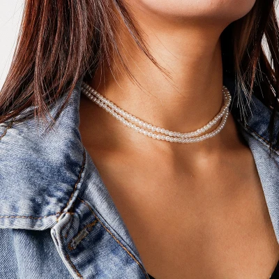 2021 New Fashion Double Layers Imitation Pearl Choker Necklace for Women Korean Kpop Clavicle Round Beaded Necklace Jewelry Girl