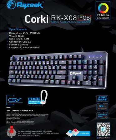 Razeak Corki RK-X08 RGB Gaming Mechanical Keyboard - Red Switch
