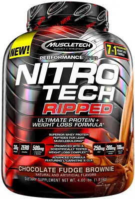 MuscleTech Nitro Tech Ripped Ultra Clean Whey Protein Isolate Powder + Weight Loss Formula Chocolate Fudge Brownie 30g protein 500mg L-carntine and L-tartrate 250 mg CLA 4 Lbs เวย์โปรตีนไอโซเลต ผสมแอลคาร์นิทีน ซีแอลเอเสริมสร้างกล้ามเนื้อ