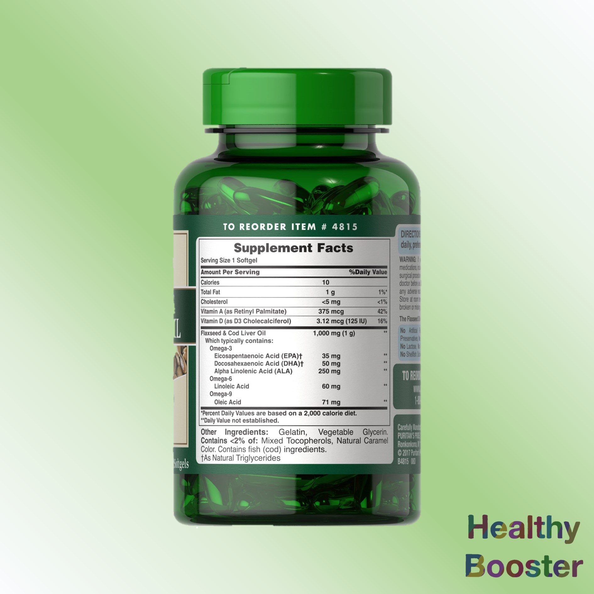 Puritan's Pride Flaxseed & Cod Liver Oil 1000 mg Omega 3, 6 & 9 100 softgels Healthy booster