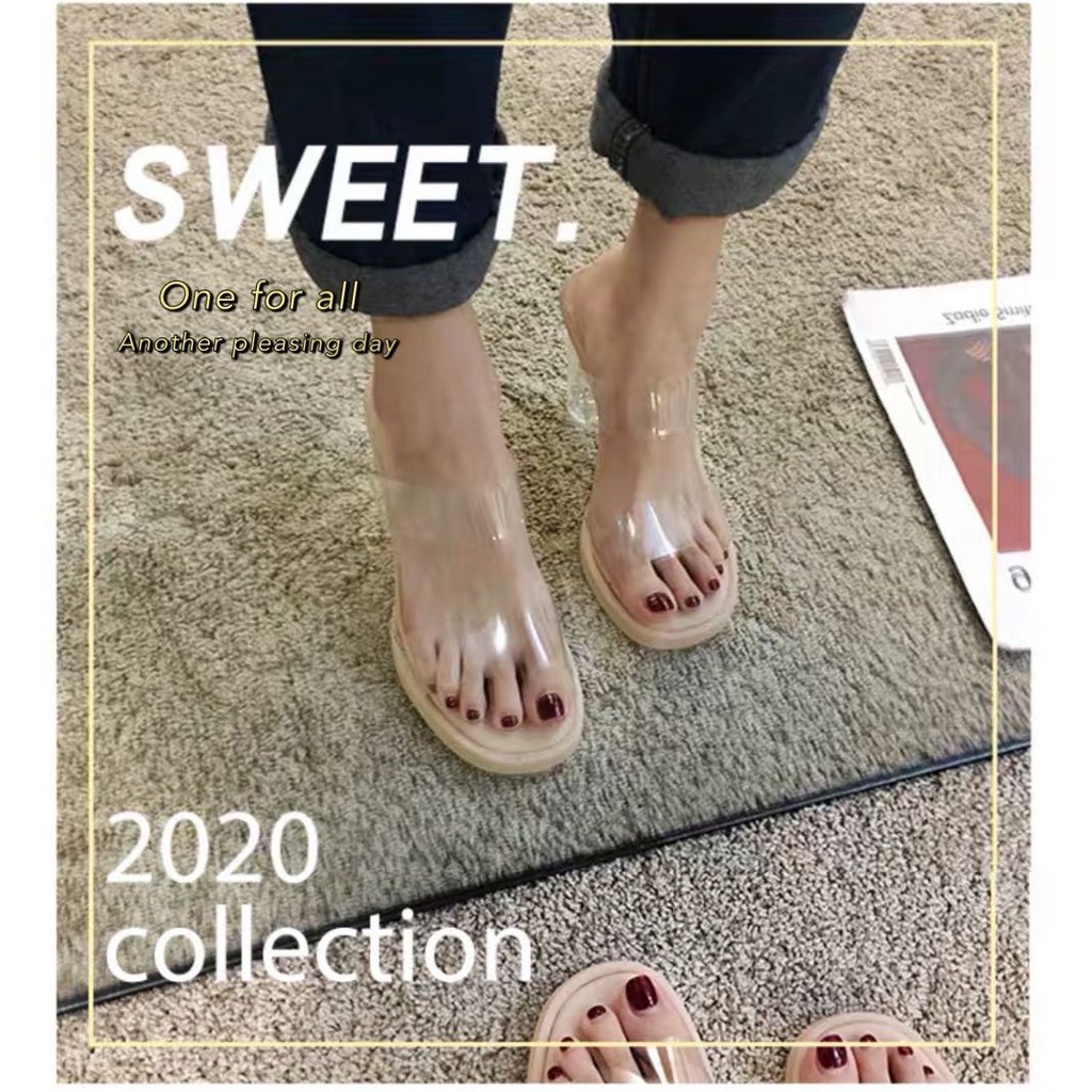พร้อมส่ง(ส้น4.5นิ้ว) หรูหรามากแม่!! TX154รองเท้าส้นคริสตัลสายใส 2020 รองเท้าส้มสุง รองเท้าแตะแฟชั่น (