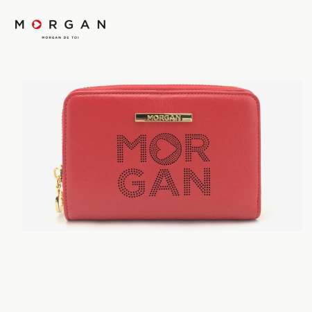 Morgan Bags กระเป๋าสตางค์หนังแท้ กระเป๋าสตางค์ใบสั้นหนังแท้ ดีไซน์ลายฉลุโลโก้มอร์แกน รุ่น Mardi 03 สีแดงสุดแซ่ป