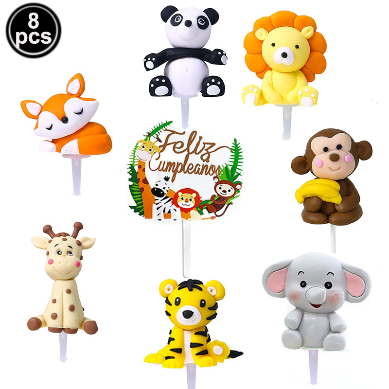 8pcsset Safari Animals Cake Topper Decoration Toys Happy Birthday Cake Topper Woodland Jungle