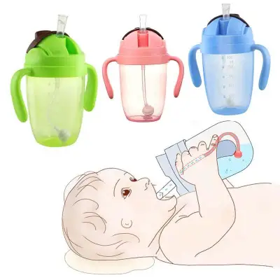300ml Cute 360 Degree Sippy Baby Feeding Cup with Straw Children Learn Feeding Drinking Bottle with Handle Kids Training Cup