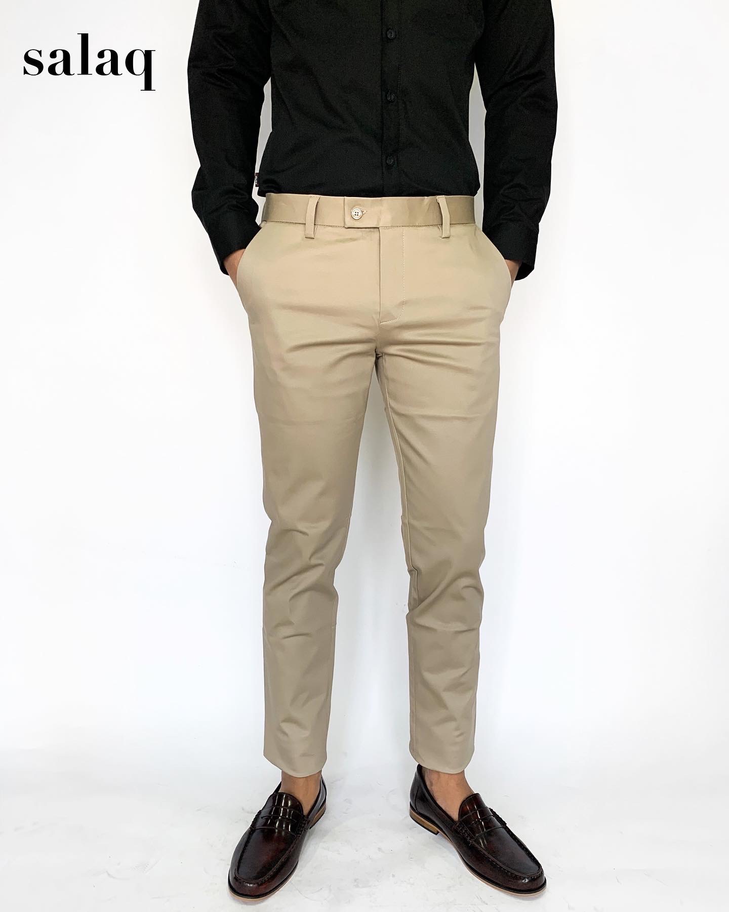 salaq [แจกโค้ดส่วนลด] กางเกงสแลคผ้ายืดขายาว กระบอกเล็กเข้ารูป กางเกงขายาวผู้ชาย กางเกงทำงาน กางเกงสแล็ค สีครีม