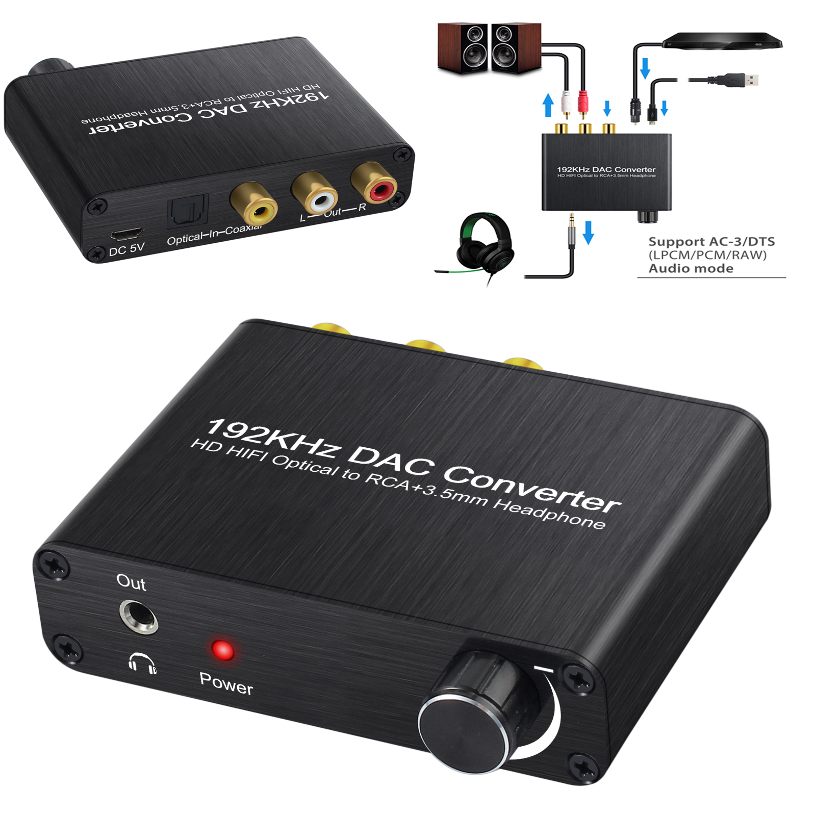 ตัวแปลงแยกเสียงและภาพ 5.1ch Digital Audio 192KHZ AC-3/DTS Optical Toslink to Analog Converter Decoder