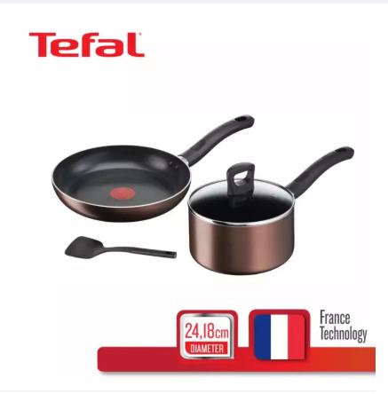 Tefal เซ็ตเครื่องครัว 4 ชิ้น Day By Day ก้นอินดักชั่น ประกอบด้วย กระทะก้นแบน ขนาด 24 ซม. + หม้อด้าม ขนาด 18 ซม.+ฝา + ตะหลิว รุ่น G143S495