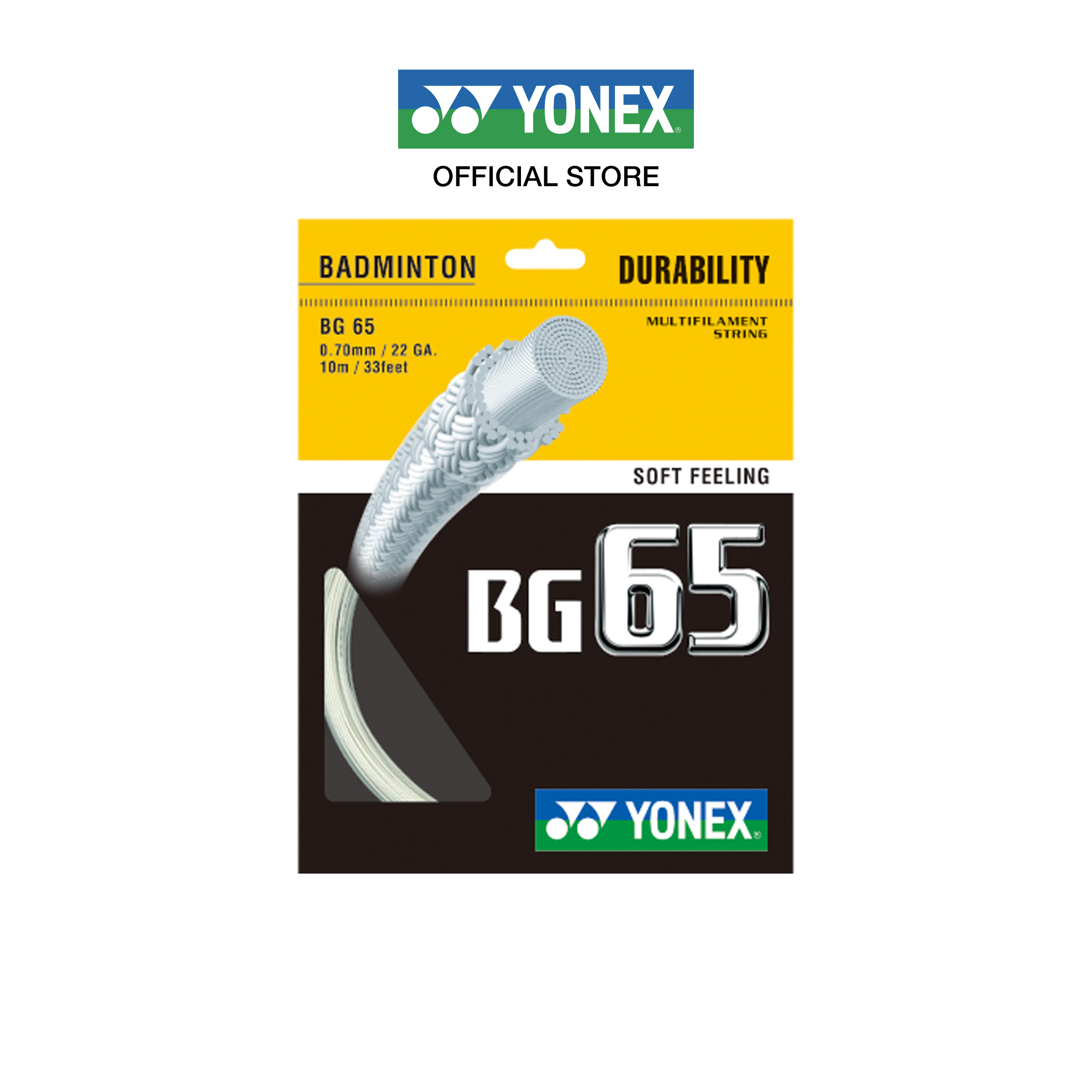YONEX รุ่น BG65 เอ็นแบดมินตัน เส้นขนาด 0.70 มม. ผลิตที่ประเทศญี่ป่น เส้นใยถักความทนทานสูง ลดการเสียดสี ให้ความรู้สึกที่อ่อนนุ่มในการตี