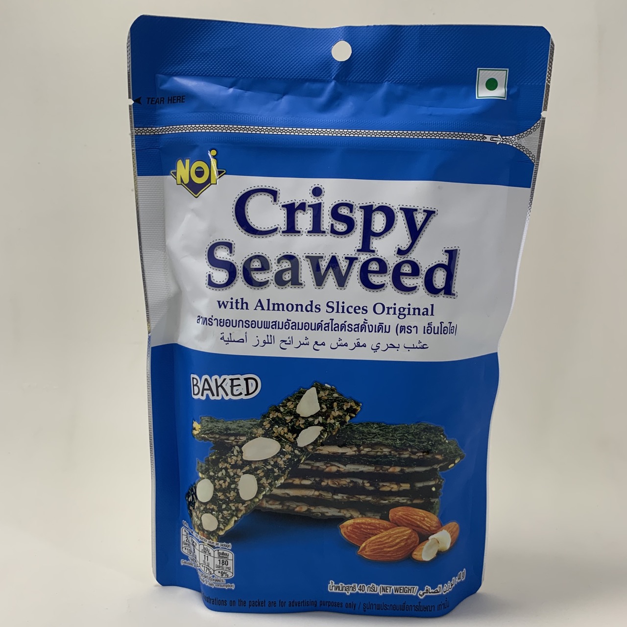 1 ซอง Noi สาหร่ายอบกรอบผสมอัลมอนด์สไลด์ รสดั้งเดิม ตราเอ็นโอไอ 40 กรัม (ซองน้ำเงิน)  Crispy Seaweed With Almonds Skuces Original Noi  40 g