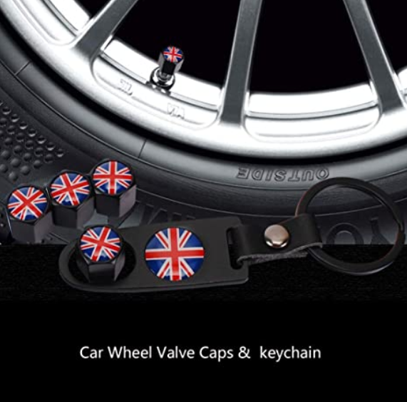 Mini Cooper countryman pacman r53 r55 r56 r60 f53 f55 f56 f60 Red Union Jack British Flag with 4pcs Tire Valve Stem Caps +Keychain จุ๊บลม ธงชาติอังกฤษ พวงกุญแจ
