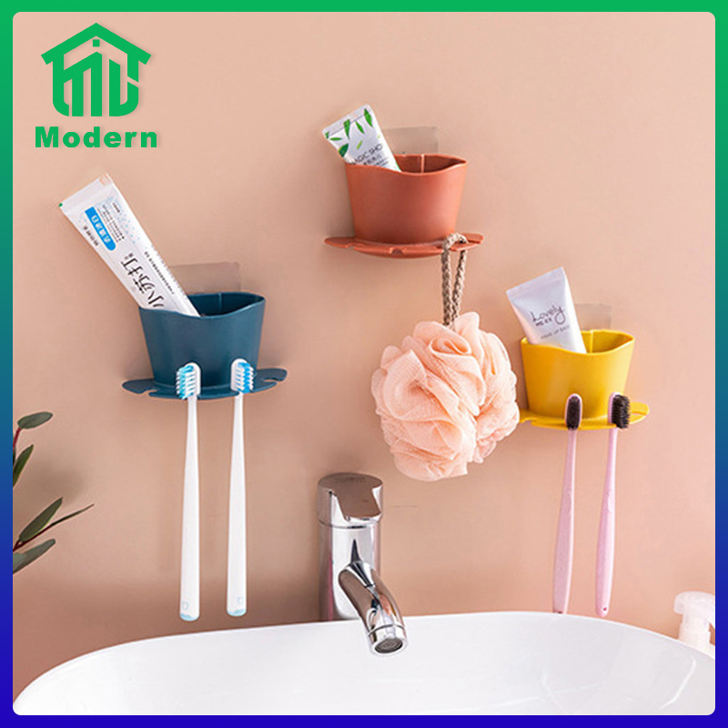 Modern ที่เก็บแปรงสีฟัน ที่ใส่ยาสีฟัน ติดตั้งง่าย ไม่ต้องเจาะผนัง แบบติดผนัง สวยงาม ที่เก็บแปรงสีฟัน ยาสีฟัน แบบติดผนัง แขวนแปรงได้ 4 อัน/1ช่