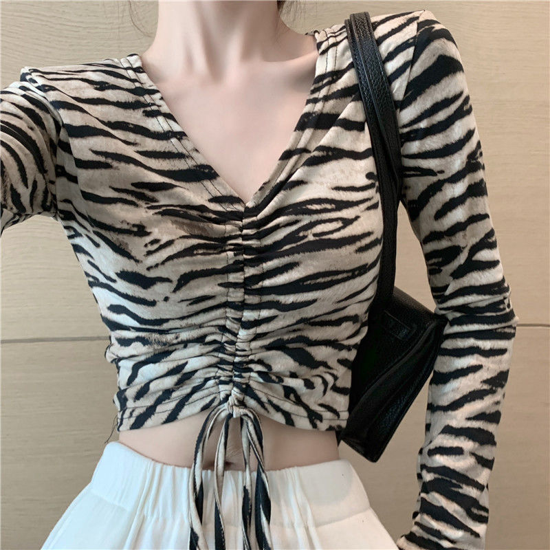 Drawstring V-neck Long-sleeved T-shirt Short Slim Shirt