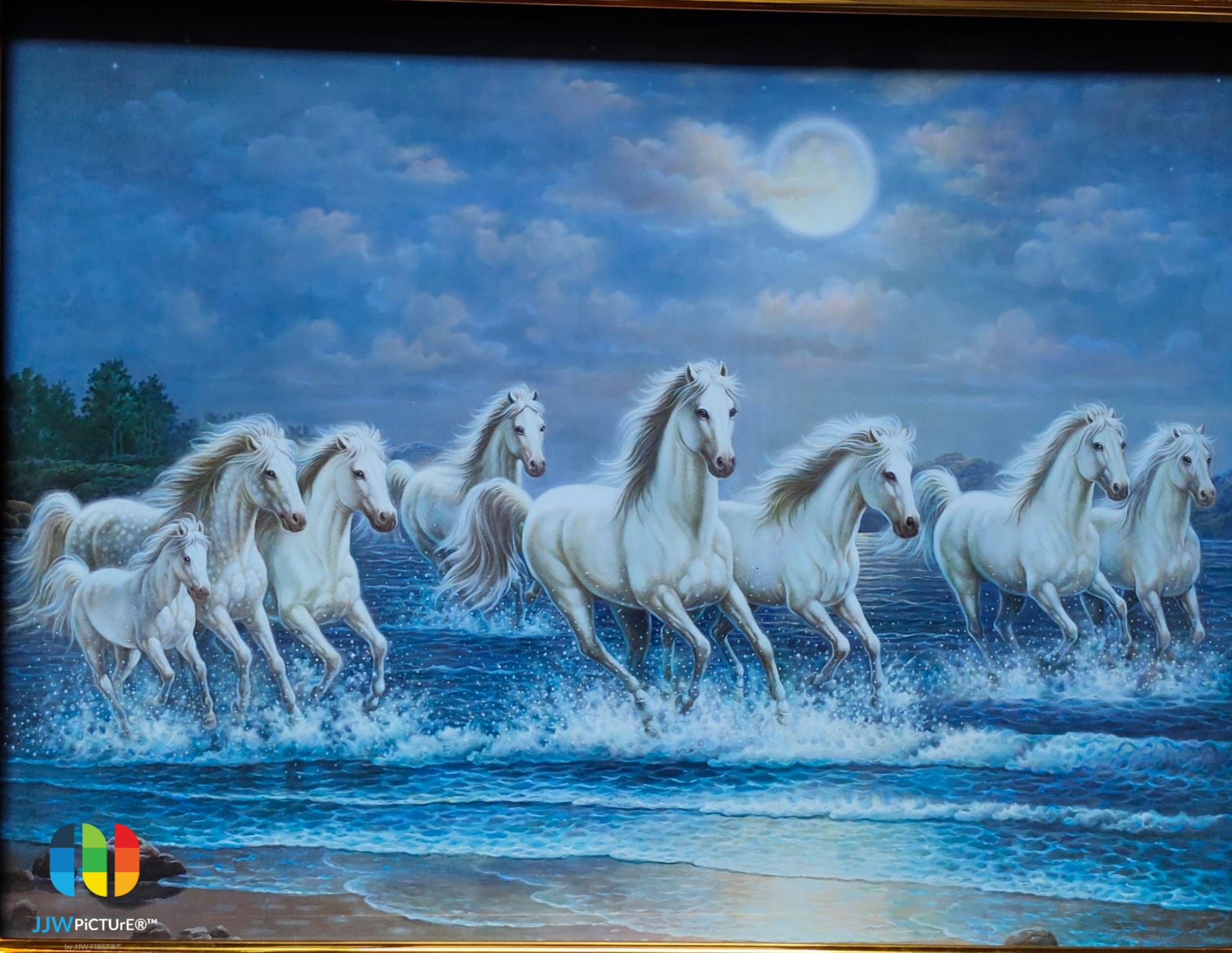 ภาพโปสเตอร์ ภาพม้าสีหมอกแปดตัวกำลังวิ่ง ยามค่ำคืน#ภาพมงคล#เสริมฮวงจุ้ย# 16×21