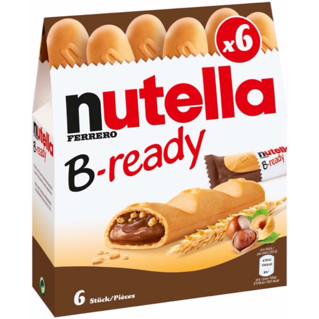 ลดราคา  Nutella B ready 1 กล่องมี 6 ชิ้น ขนมวาฟเฟิลกรอบสอดใส้แยม มีครันชี่ในตัวขนม หมดอายุ 10/2021