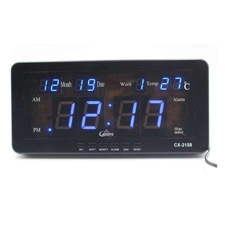 Caixing นาฬิกาดิจิตอลตั้งโต๊ะติดผนังใช้ไฟบ้าน + รถยนต์รุ่น CX-2158 ตัวเลขสีฟ้า