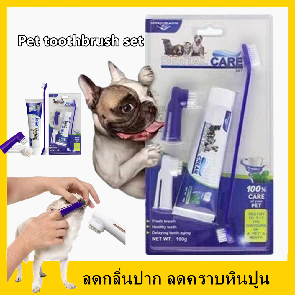 ยาสีฟันสำหรับสุนัข ชุดแปรงสีฟัน + ยาสีฟัน รสเนื้อ Pet Toothbrush ลดกลิ่นปาก ลดคราบหินปูน สำหรับสุนัขทุกสายพันธุ์ รสชาติเนื้อ 100 กรัม
