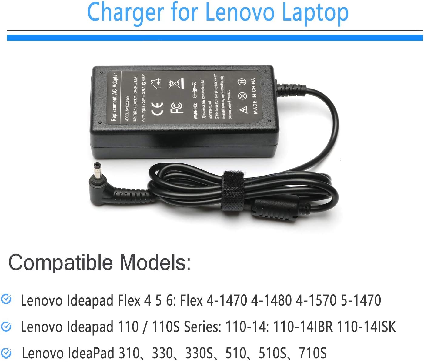 65W AC Adapter Laptop Wall Charger for Lenovo IdeaPad 3 5 Flex 4 5 6 1470  1480 1570 1580 Lenovo Ideapad 110 110s 310 320 330 330s 510 520 530s 710s