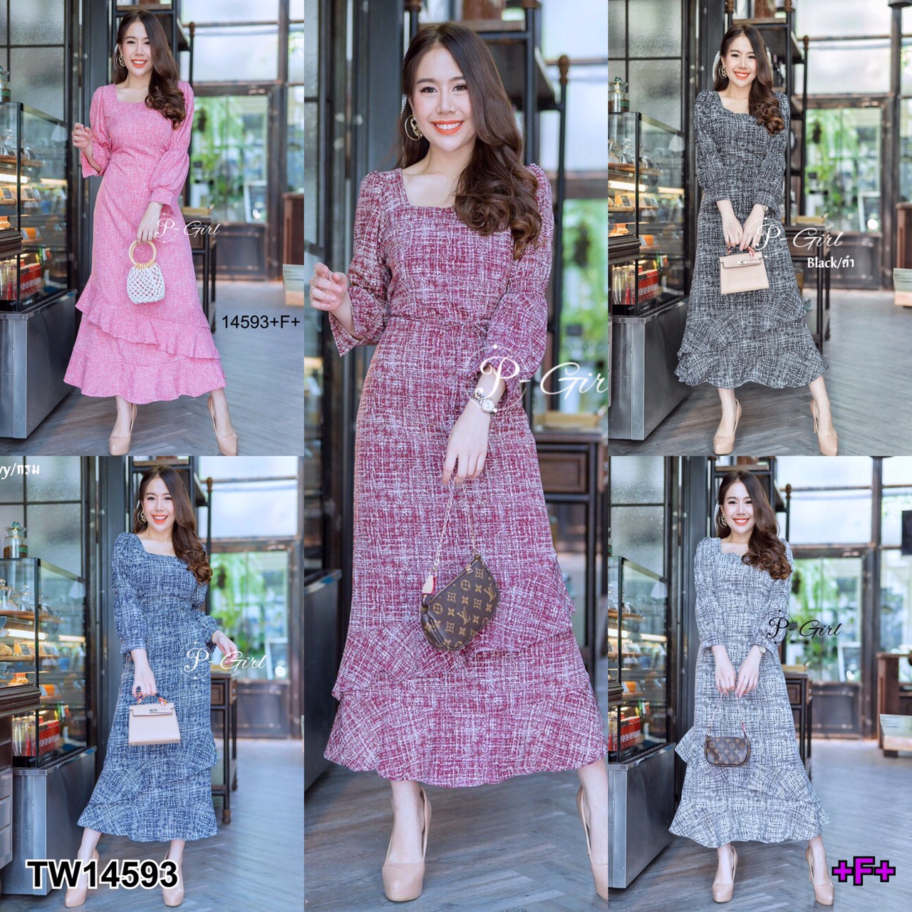TW14593 เดรสยาวแขนจั๊มระบายเฉียง