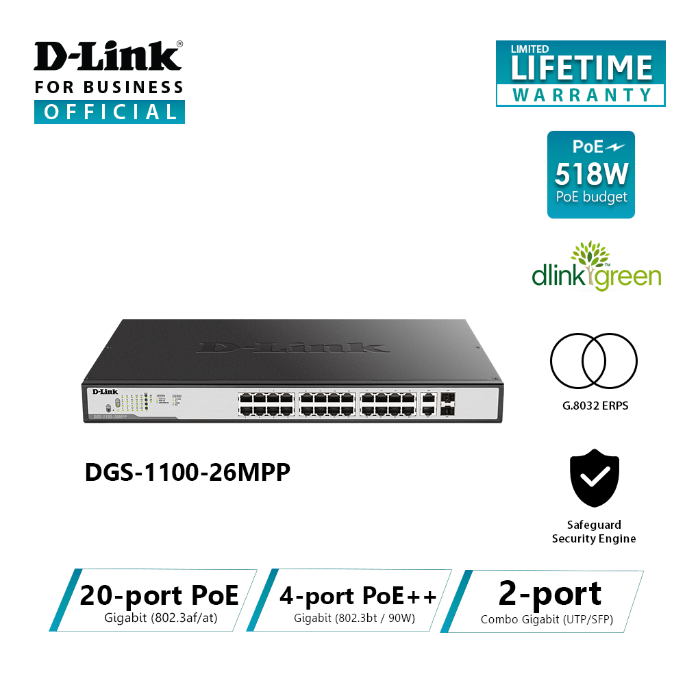 D-Link DGS-1100-26MPP 26-Port Gigabit PoE++ Smart Managed Switch ราคา 27,870 บาท*ส่งฟรี
