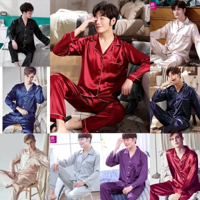 SUNNY SHOP-ชุดนอนผู้ชาย เเฟชั้นลายเกาหลี ผ้าซาติน เสื้อเเขนยาว+กางเกงขายาว 2814
