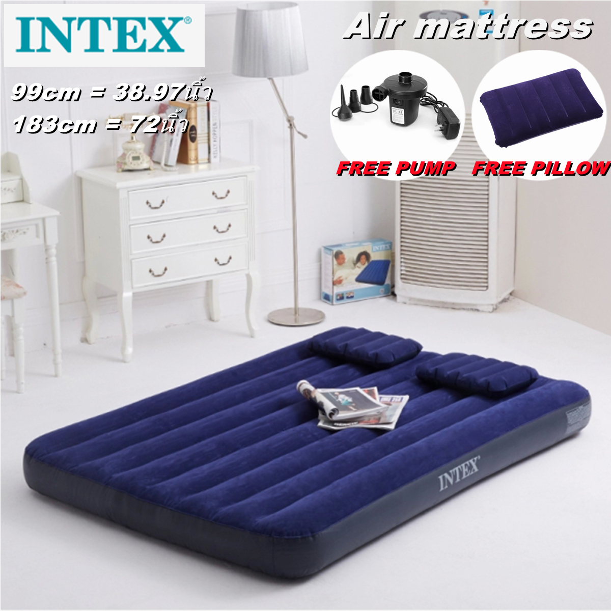 【 Ready Stock 】Unique Mall INTEX 99CM / 183CM Tilam Angin Camping Bed Inflatable Air Bed Mattress Queen Size Thicken 25CM ( Free Electric Pump )