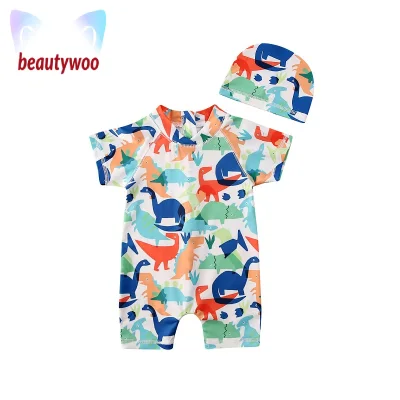 【beautywoo】 Baby Kid Boys Swimsuit Dinosaur Printed One-piece Swimsuit Toddler Safe Costume Beach Swimming Costume UV Hat