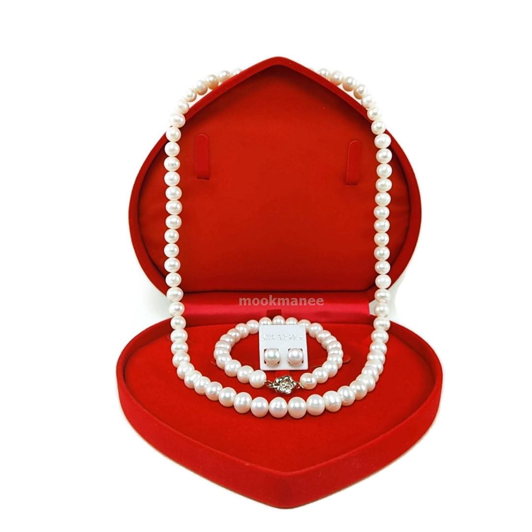 เซตไข่มุกแท้อันดามันสีขาว ดูเรียบหรู (1 เซ็ทมี 3 ชิ้น)สร้อยคอ, สร้อยข้อมือ, ต่างหู จัดส่งพร้อมกล่องบรรจุรูปหัวใจน่ารัก -Set-white real pearl necklace bracelet earrings ส่งด่วนฟรี ของแท้ 100% เก็บเงินปลายทางได้
