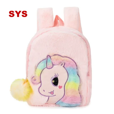 SYS Fashion Cute Unicorn Cartoon Plush Backpack Girls School Bag With Fur Ball