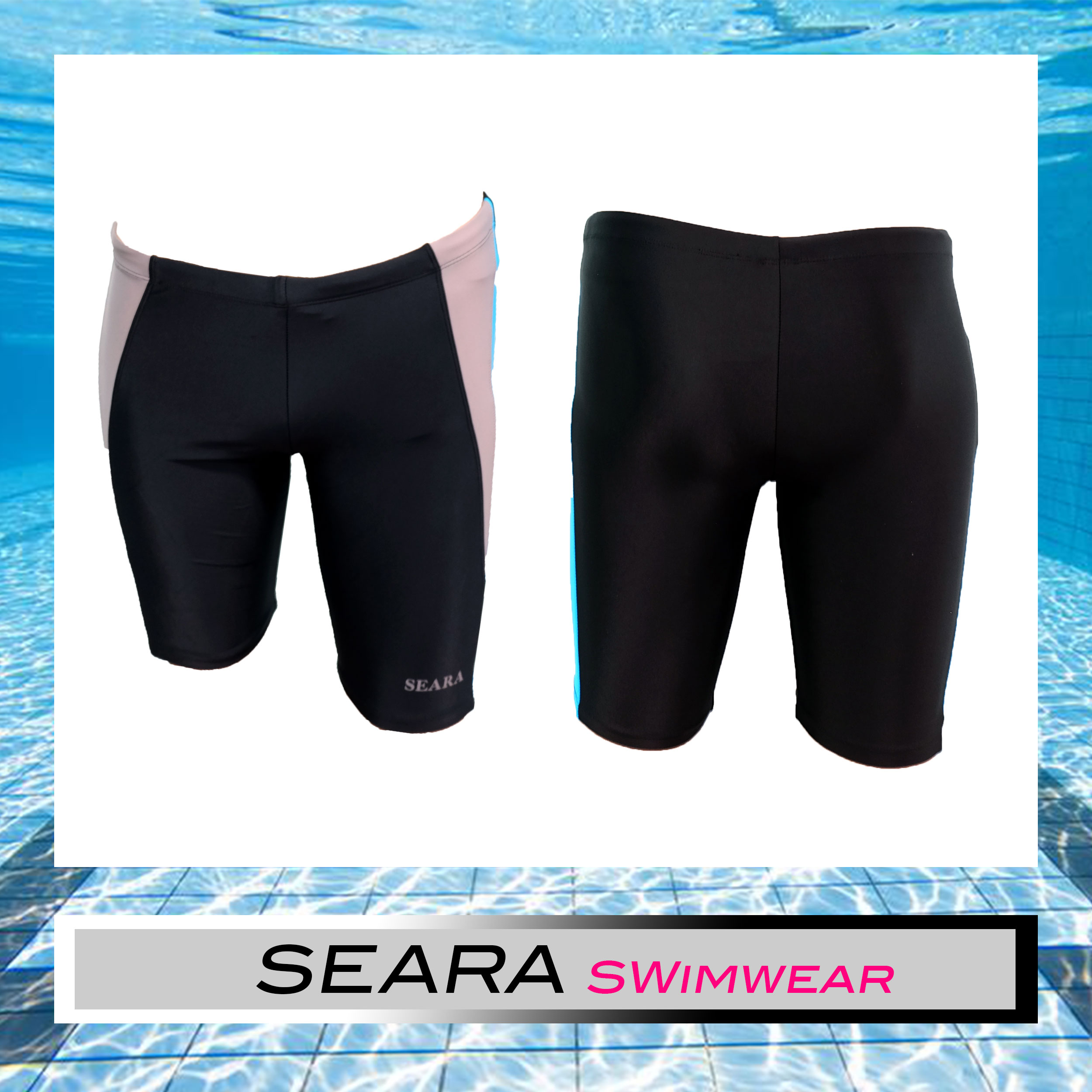 กางเกงว่ายน้่ำขาสั้นชาย Seara สีดำแถบฟ้า กางเกงว่ายน้ำ 5 ส่วน