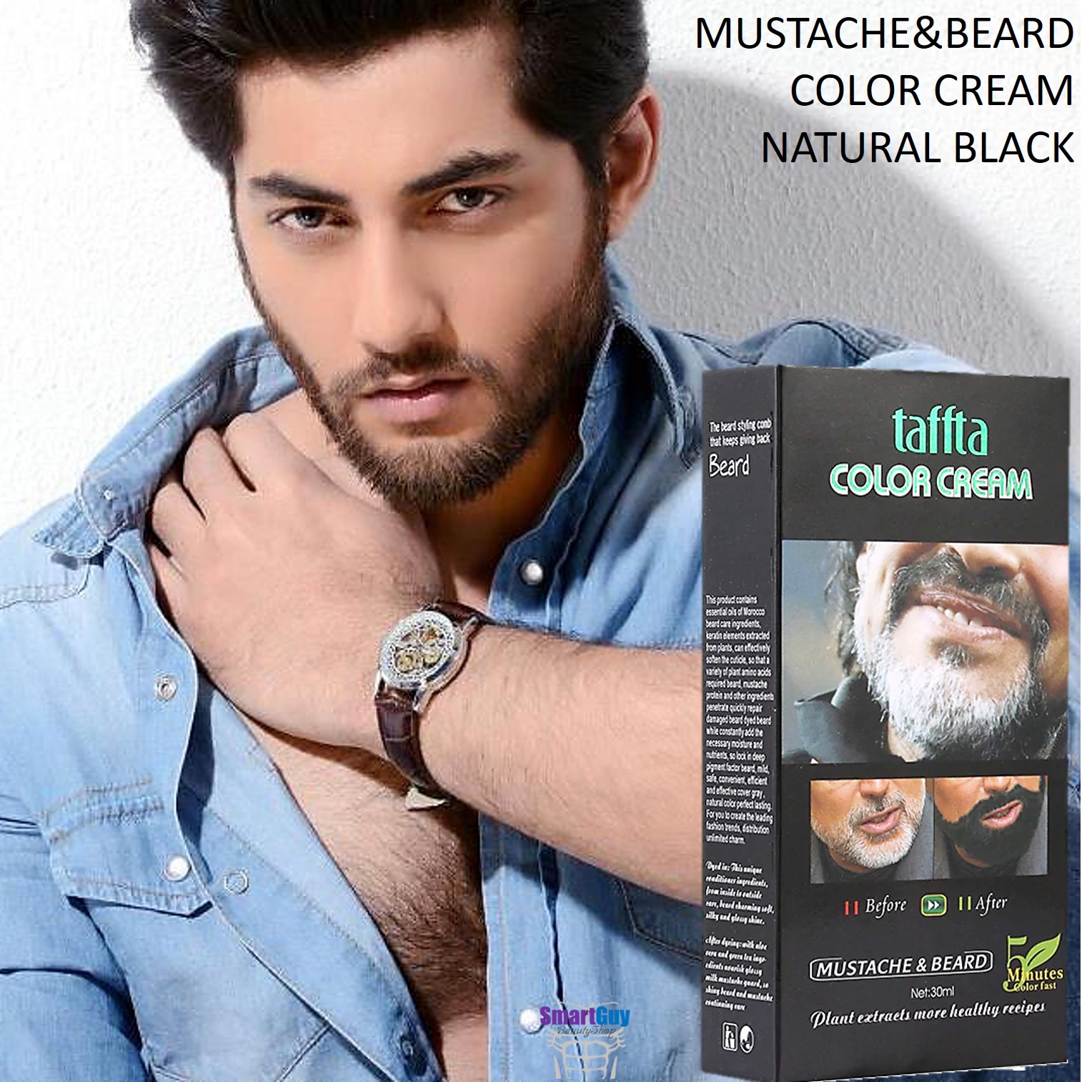 TAFFTA Color Cream Mustache & Beard Natural Black 30ml. ครีมเปลี่ยนสีหนวดเคราคิ้วสำหรับผู้ชาย สินค้านำเข้าจากต่างประเทศ สีดำธรรมชาติ