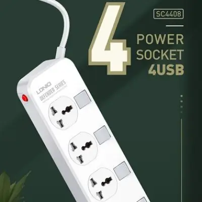 LDNIO SC4408 ปลั๊กพ่วง 4 ช่อง 4 สวิทช์ 4 USB รองรับถึง 4 universal outlet Power Strip 2500W สายยาว 2เมตร รับประกันของแท้