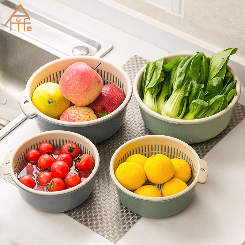 [Alife Store]Kitchen Washing Basket Fruit Basket round TwoLayer Drain