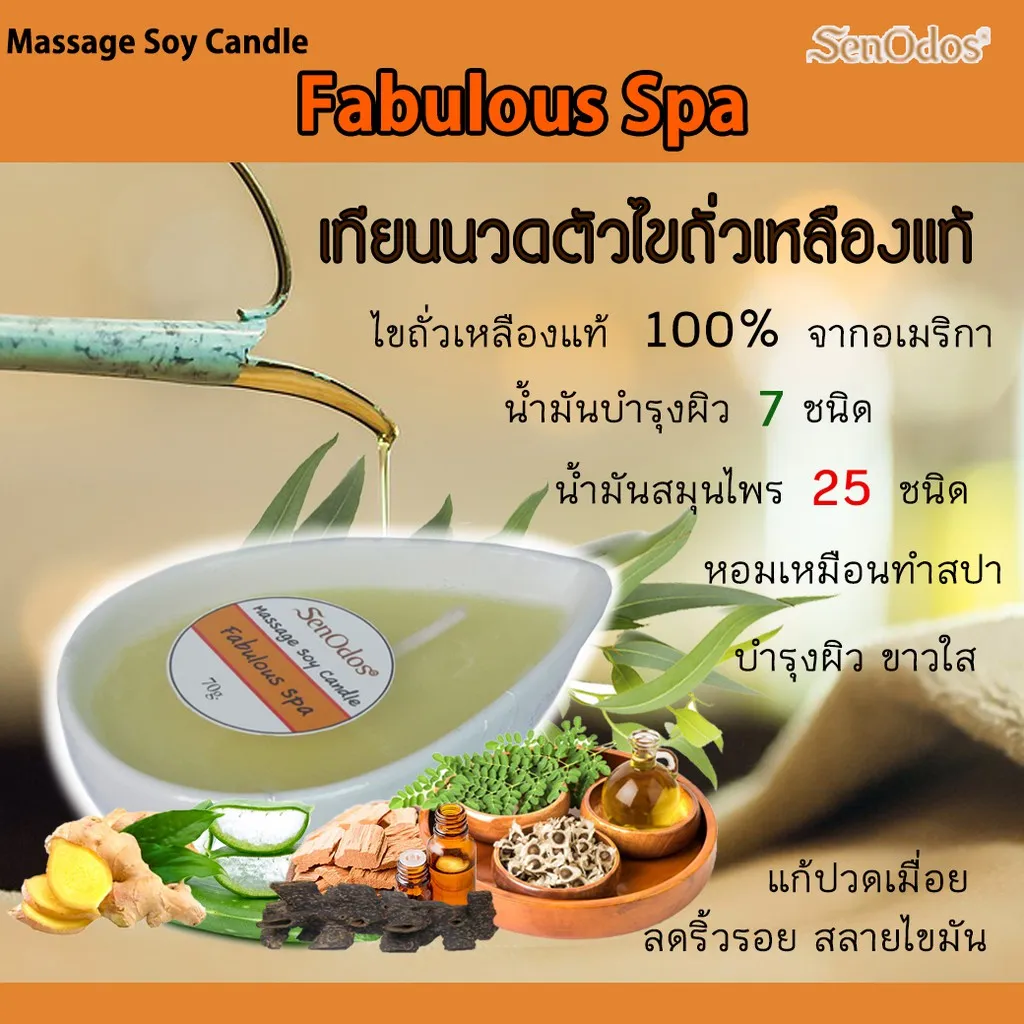 Hot Sale Soy Wax Massage Candle เทียนนวดสปา เทียนนวดตัว น้ำมันนวด บำรุงผิว ผ่อนคลาย แก้ปวดเมื่อย ลดไขมัน 70 กรัม (Fabulous Spa) ราคาถูก เทียนหอม เทียนหอมคริสมาส