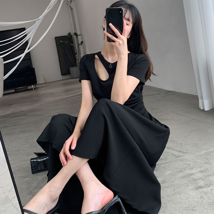 IELGY Đầm Màu Trơn Eo Cá Tính Phong Cách Pháp Cho Nữ