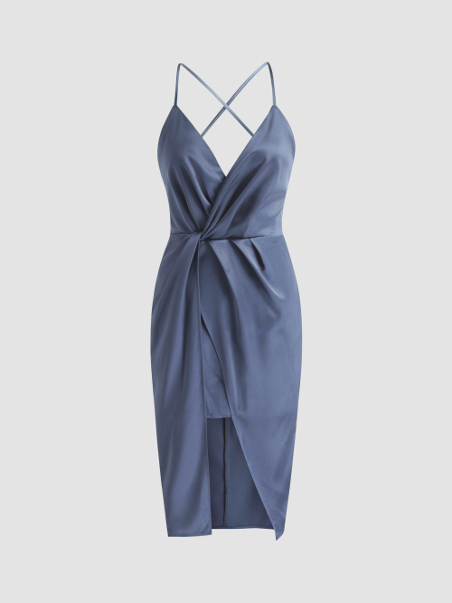 Cider Solid Backless Twist Front Midi Dress MixASale