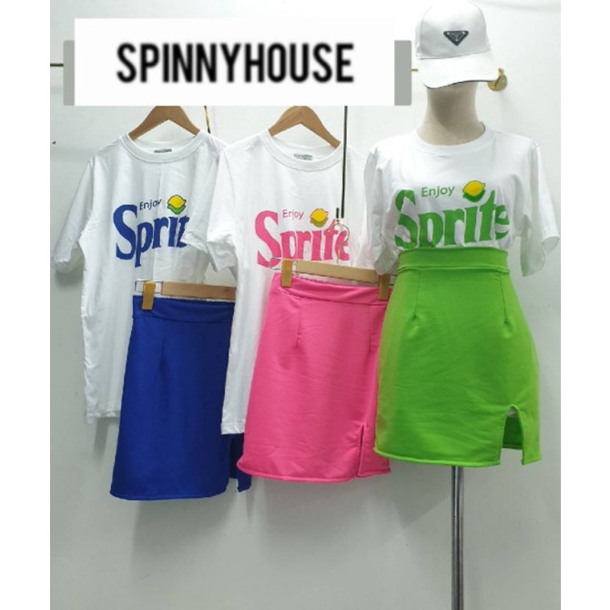 SpinnyHouse Set2 ชิ้น ชุดเซ็ต เสื้อยืดสกรีน Sprite (มะนาว) ผ้ายืดค้อตตอนหนา เอวยืดหลัง ผ้าฮานาโกะชิปข้าง ผ่าข้าง