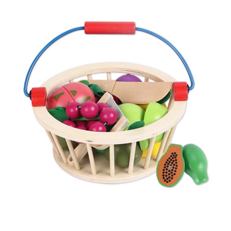 ของเล่นไม้ ชุดตะกร้าผลไม้เรียนรู้วงกลม พร้อมมีดหั่น 12 ชิ้น (Fruit Basket)