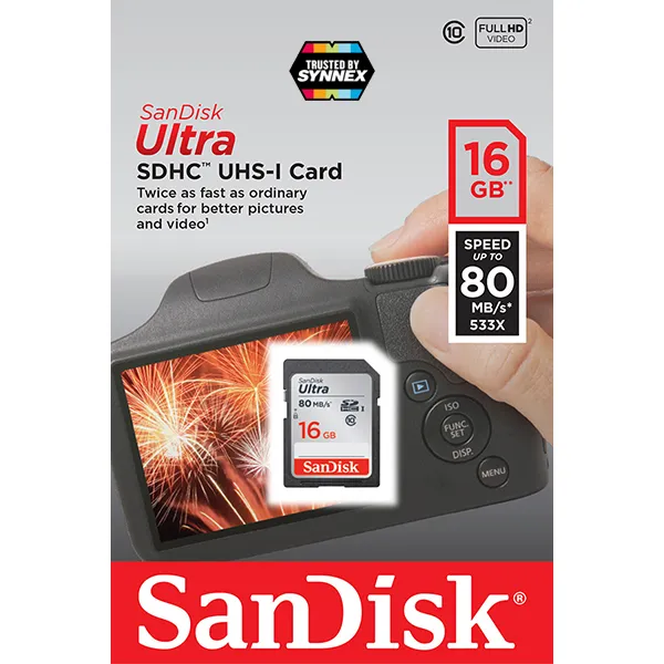 SanDisk Ultra SD Card 16GB Class10 Speed 80MB/s (SDSDUNC_016G_GN6IN) ใส่ กล้อง กล้องถ่ายรูป กล้องถ่ายภาพ กล้องคอมแพค กล้องDSLR SONY Panasonic Fuji Cannon Casio Nikon รับประกัน Synnex 5 ปี