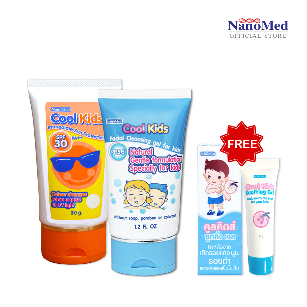 Cool Kids Facial Cleansing gel คูลคิดส์เจลล้างหน้าเด็ก + คูลคิดส์ครีมกันแดดสำหรับเด็ก SPF 30 แถมฟรีเจลลดรอยยุงกัด Cool Kids Soothing Gel 1 ชิ้น