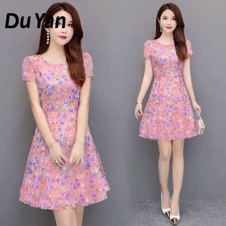 Du Yan ชุดเดรสลายดอกไม้,เดรสกระโปรงยาวปานกลางพิมพ์ลายแขนสั้นที่เอวสไตล์เกาหลีกระโปรงยาวปานกลาง – Du Yan >>> top1shop >>> lazada.co.th 🇹🇭 🇹🇭 🇹🇭🛒🛍🛒