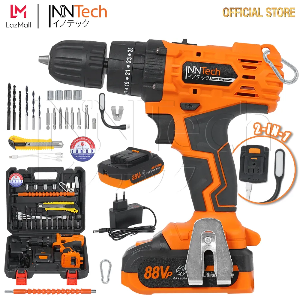 InnTech สว่านไร้สาย สว่านกระแทก สว่านแบต ไร้สาย 3 ระบบ 88V รุ่นใหม่ สว่าน 2 IN 1 พาวเวอร์แบงค์ แบตเตอรี่ ชารจ์โทรศัพท์ได้ แถมฟรี! สายชาร์จ 1 ออก 3 และไฟ LED ขนาดพกพา พร้อม อุปกรณ์ เครื่องมือช่าง ครบชุด รุ่น GSB-88V-LT