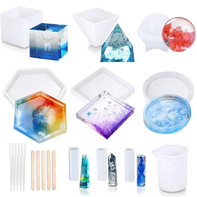 Resin Molds, 20Pcs DIY Silicone Resin Molds, Epoxy Casting Molds with Measurement Cup,Dropper and Wood Sticks