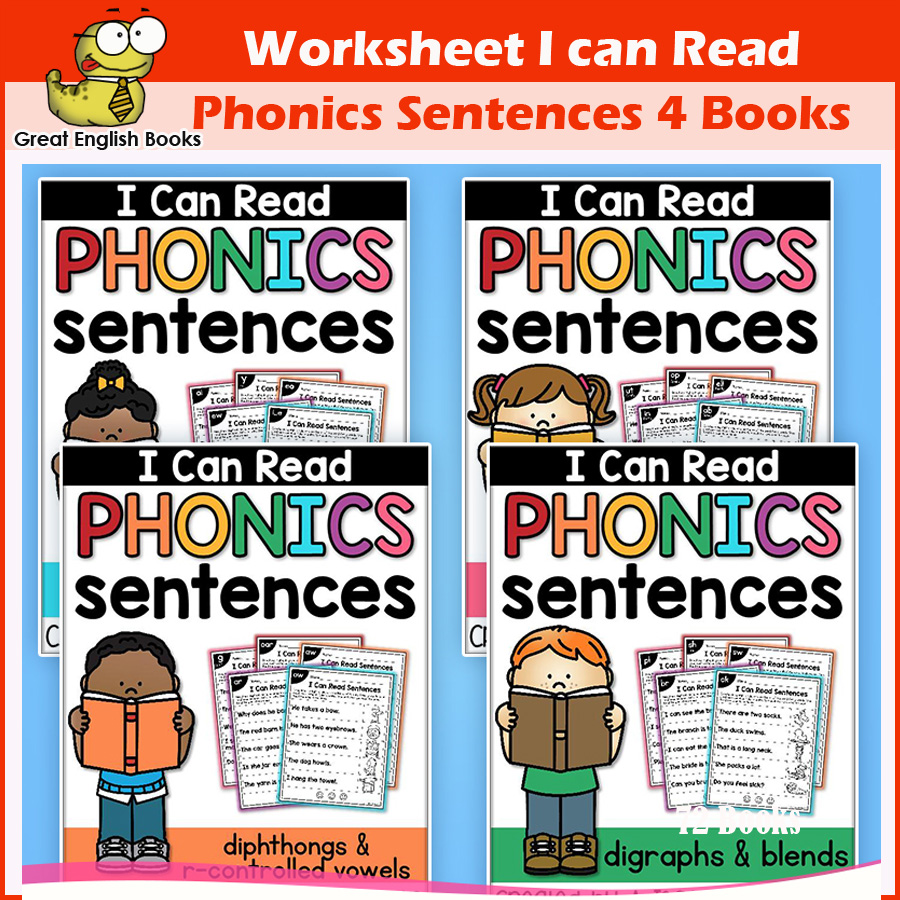 (In Stock) Worksheet สำหรับเด็กๆฝึกหัดอ่านโฟนิกส์ I can Read Phonics Sentence ชุด 4 เล่ม ขนาด A4 122 หน้า