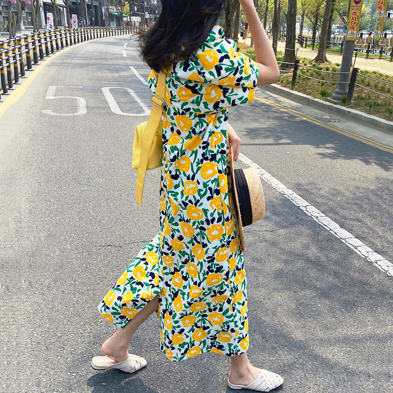 Hàn Quốc Chic Lãng Mạn Mùa Ngọt Ngào Bông Hoa Trắng Cổ Tròn Dáng Suông Rộng Dáng Dài Qua Đầu Gối Khoét Sâu Tay Bồng Đầm Nữ