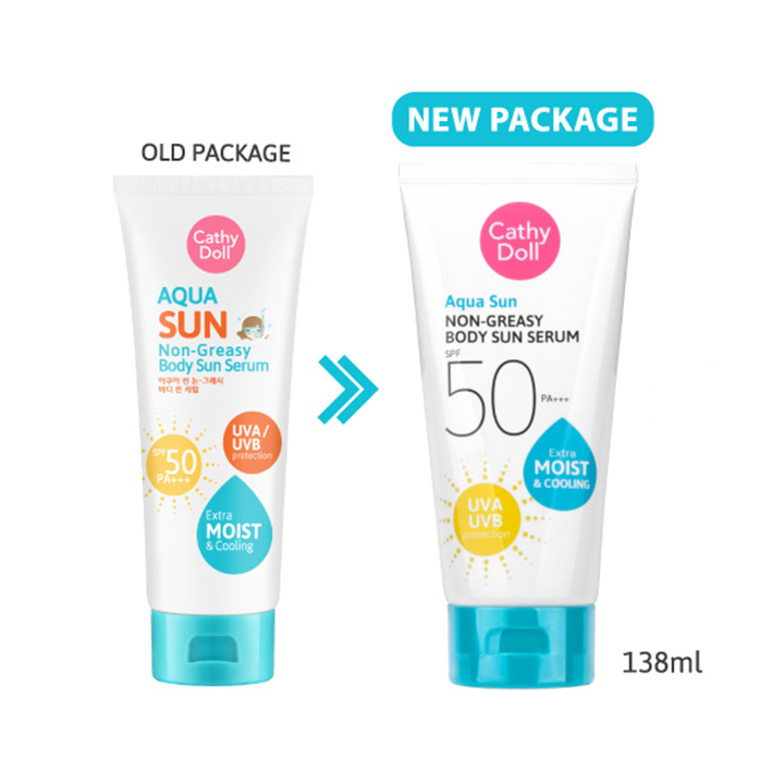 Cathy Doll AQUA SUN NON GREASY BODY SUN SERUM SPF50 PA+++ 1 ชิ้น ครีมกันแดด สูตรกันน้ำ ทาแล้วแตกตัวเป็นเซรั่ม เหมือนเติมน้ำให้ผิว พร้อมให้ความรู้สึกเย็น